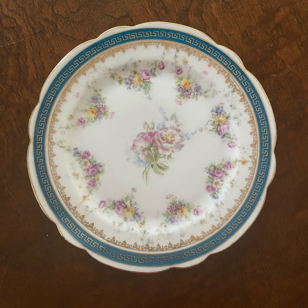 Antique Decorative Plate Roses floral w/ blue trim Imperial Crown China Austria